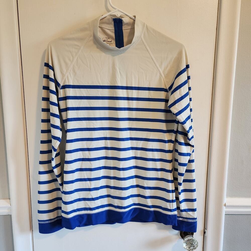 J. Crew Women’s Long Sleeve L Rash Guard Top Swim Blue & White Stripes Nautical